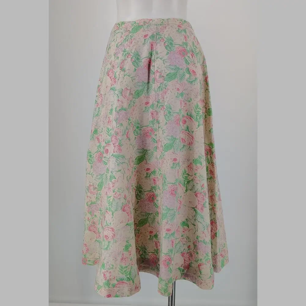 Vintage Lauren Ralph Lauren 100% Linen Floral Button-Front Skirt FLAW Size 8